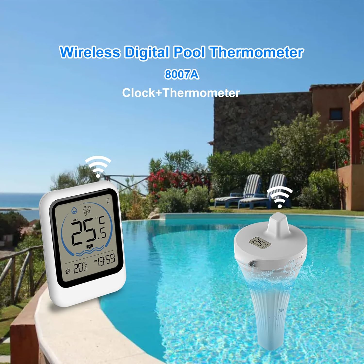 Pool Thermometer with Temperature Sensor for Pool Fish Tank Bathtub Swimming Pool 12/24-Hour Time Format Record Highest Lowest Outdoor Temperature℃/℉ switchable